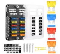 12 Fach Flachsicherung,12V Sicherungshalter KFZ Sicherungskasten 24 Sicherungen Wasserdichte Sicherungsblock mit LED-Anzeige Positiver Negativer für DC 12V / 24V Auto LKW Boot VAN SUV Marine Fahrzeug