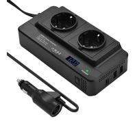 200W Auto Spannungswandler, Wechselrichter 12v auf 230v mit 2 Ladesteckdosen und Zwei USB Ports, Adapter Zigarettenanzünder Steckdose für Geschaeftsfahrten und Urlaub