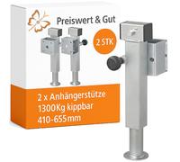 2x Anhängerstützen & Ausdrehstütze Wohnmobil – Stütze 1300 kg, höhenverstellbar 410–655 mm, Stahlrohr 60x60 mm, kippbar – Kurbelstütze und Wohnwagenstützen Anhänger