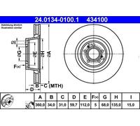 2x ATE 24.0134-0100.1 Bremsscheibe für AUDI VW
