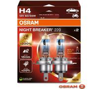 OSRAM NIGHT BREAKER 220, H4, 220% mehr Helligkeit, Halogen-Scheinwerferlampe, 64193NB220, Faltschachtel (2 Lampen), white