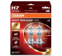 OSRAM NIGHT BREAKER 220, H7, 220% mehr Helligkeit, Halogen-Scheinwerferlampe, 64210NB220-2HB, Faltschachtel (2 Lampen), white