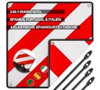 3-in-1 Warntafel für Italien, Spanien & Portugal, Weiß Reflektierend Warnschild mit 4 Spanngurte & Tasche, Zertifizierte für Fahrradträger Heckträger Auto Wohnmobil