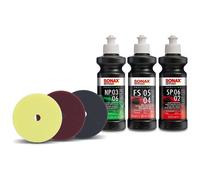 3x POLIERSCHWAMM IM KEGEL-DESIGN Ø125mm HART + MITTEL + WEICH + 3x SONAX POLITUR