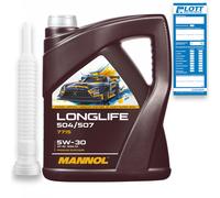 5L Mannol Longlife MN7715 5W-30 Motoröl passned für API SN VW 504.00 507.00 + Abfüllschlauch
