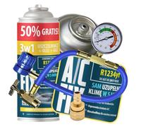 A/C FIX 3in1 R1234yf kältemittel Ersatzgas - Kühlmittel Klima Auto - Gasflasche 1x235 g Auto Klimaanlage Nachfüllset - Wohnmobil - Klimaanlage Schlauch - Manometer Klimaanlage - ECO