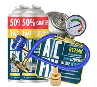 A/C FIX 3in1 R1234yf kältemittel Ersatzgas - Kühlmittel Klima Auto - Gasflasche 2x235 g Auto Klimaanlage Nachfüllset - Wohnmobil - Klimaanlage Schlauch - Manometer Klimaanlage - ECO