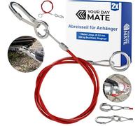 Abreisseil für Anhänger, 2 Sets, 1 Meter x Ø 2,5 mm Stahlseil mit Karabiner und Doppelring, 250 kg Bruchlast, in Rot, für alle Arten von gebremsten Anhängern und Wohnwagen, ummanteltes Fangseil AHK