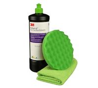 AllorA Schleifpasten Set | Polierpad grün gewaffelt/glatt (Ø160/80mm) + Mikrofasertuch grün (40x40cm) + 3M Perfect-It Fastcut Plus Extrem 51815 (1kg) | Politur Set (Ø160mm | Gewaffelt | Grün)