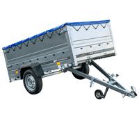 Anhänger mit faltbarer Deichsel GARDEN TRAILER 230 KIPP mit zusätzlichen Bordwänden, Stützrad und blauer Flachplane