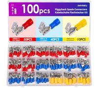 ANVINKU 100 Stück Piggy Back Kabelschuhe Flachstecker Kit, 22-10 AWG (0.5-6mm²) Kabelschuhe Set, Isolierte Abzweighülse, Flachsteckhülsen Set für Automotive, Motorrad und Haushaltsgeräte