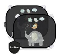 Asstikoo Auto Sonnenschutz Baby mit UV Schutz, 45x35.5cm Sonnenblende mit 8 Saugnäpfen, Autofenster Sonnenschutz für Kinder mit süßen Tier Motiven-2er Set