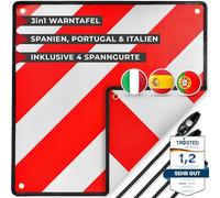 ATHELON® 3in1 Warntafel für Italien, Spanien & Portugal - Reflektierendes Warnschild inklusive 4X Spanngurte - Hochwertige Warntafel Italien für Fahrradträger (Warntafel + Gummi)