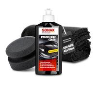 Auto Politur Set | Sonax Polish & Wax Color Schwarz 250ml Autopolitur + Polierschwamm + Poliertuch | Polierpaste für dunkle Metalliclacke zur Entfernung kleiner Kratzer | Polierset