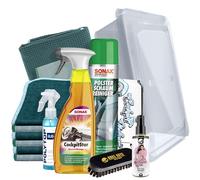 Auto Reinigungsset Innen | Sonax CockpitStar 750ml Kunststoffreiniger + Polsterreiniger 400ml + 6x Mikrofasertuch + Duftspray + Cockpittücher + Reinigungsbürste + Glasreiniger + 2x Scheibentuch
