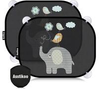 Asstikoo Auto Sonnenschutz Baby mit UV Schutz, 45x35.5cm Sonnenblende mit 8 Saugnäpfen, Autofenster Sonnenschutz für Kinder mit süßen Tier Motiven-2er Set