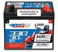 BIG Rasentraktor Batterie 12V 30Ah 330A/EN [Pluspol Rechts] - AGM-Starterbatterie im U1R-Standard mit 12 Volt für Aufsitzmäher & Rasenmäher-Traktor - wartungsfrei & sofort startklar