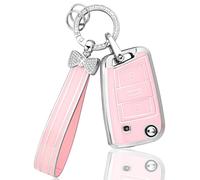 BLINGOOSE Schlüsselhülle Cover für VW Volkswagen Polo Golf 7 MK7 Tiguan Touran T ROC Cross Taigo 3 Tasten Auto Schlüsselcover Schlüsselgehäuse Glitzer Schlüsselanhänger Frauen Girly Rosa Silber TPU