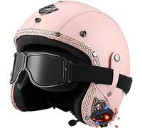 Bluetooth Jet Helm Erwachsene 3/4 Leder Motorrad Halbhelme Brain-Cap Retro Halbschalenhelm Jethelme Mit Brille,ECE Zertifizierung Offener Cruiser Chopper Helm Rollerhelm,für Herren Damen (B L=59~60CM)