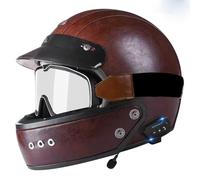 Bluetooth Leder Integralhelm Unisex Erwachsene Retro Motorradhelm DOTECE Zertifiziert Mit Brille Motorrad Vollvisierhelm Sturz Integralhelme Eingebaute Kopfhörer Mikrofon G,XXL:63-64CM