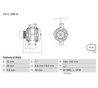 BOSCH Lichtmaschine 200A Generator LiMa 14V Alternator mit Freilaufriemenscheibe passend für MERCEDES-BENZ VITO Bus (W639) SPRINTER 3,5-t Kasten (906) VIANO (W639) VITO/MIXTO Kasten (W639) 0 986 046