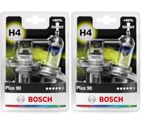 Bosch H4 Plus 90 Halogen-Glühlampe für Auto-Scheinwerfer, 12 V 60/55 W, 90% mehr Licht - Lampensockel Typ P43t - 2er-Pack Ersatz-Scheinwerferlampen (Packung mit 2)