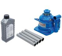 Bundle aus BGS 71036 | Hydrauliköl | mineralisch | HLP 46 | 1 l + BGS 70041 | Hydraulischer Flaschen-Wagenheber | extra flach | 10 t | Stempelwagenheber/Kompakt-Wagenheber, blau,silber