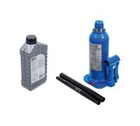 Bundle aus BGS 71036 | Hydrauliköl | mineralisch | HLP 46 | 1 l + BGS 9883 | Hydraulischer Flaschen-Wagenheber | 5 t | Stempelwagenheber/Kompakt-Wagenheber, blau