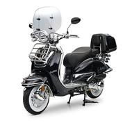 Burnout Motorroller 125cc EasyCruiser Schwarz, Euro 5+, Einspritzmotor 9 PS (6,3 kW), 85 km/h, Windschild, USB-Anschluss, Topcase, LED, Zweisitzer, Weißwandreifen, Chrompaket