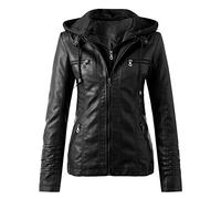 CCOOfhhc Lederjacke Mit Kapuze Damen Herbst Winter Motorrad Jacke Bomberjacke Bikerjacke mit Reißverschluss Abnehmbare Kapuzen Übergangsjacke Kunstleder Jacken Große Größen