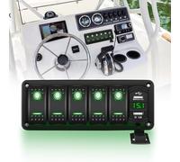 Chelhead 5 Gang Schaltertafel für Boote, doppelter USB-Ladegerät mit grünem LED Hintergrundbeleuchtung, vorverkabelt, Aluminium Schaltschalter Panel mit Voltmetermesser und leuchtenden Etiketten