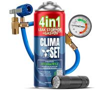 CLIMASET - Kältemittel Ersatzgas R134a, Kältemittelwechsler 4in1, Kühlmittel Klima Auto, Wohnmobil, Auffüllen der Klimaanlage im Auto - Versiegelung, UV-Farbstoff, Kältemittel - mit Kabel und UV-Lampe