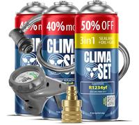 CLIMASET - Klimaanlage Auto Befüllen - Klima Auffüllen Auto Set - 3in1 R1234yf + 2x Gas & Öl R1234yf + Schlauch + YF-Adapter - Fahrzeuge nach 2016, Moderner Schlauch & Manometer, Einfaches Nachfüllen