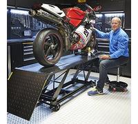 Datona - Motorrad Hebebühne Hydropneumatisch 450 kg - Mobile Hebeplattform mit Rampe & Radklemme - Hubtisch 70x220 cm Schwarz - inkl. Werkstatthocker höhenverstellbar