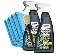 detailmate SONAX FelgenBeast 1L Set Deluxe: 2X Felgenreiniger mit Wirkindikator zur schonenden Felgenreinigung + ValetPRO Reinigungspinsel + 4 Mikrofasertücher 320 GSM