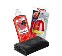 detailmate SONAX Hand Polier Set: SONAX Autopolitur für Bunt- und Metalliclacke 250ml + SONAX P-Ball ergonomischer Polier Ball + detailmate Edgeless Superflausch Mikrofaser Poliertuch 40x40cm, 550GSM