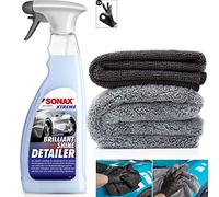 detailmate Trockenreinger Auto Set: Sonax Xtreme BrilliantShine Detailer, 750ml Sprühflasche + kurzfloriges Mikrofasertuch 320GSM + langfloriges Poliertuch 550GSM + Schutzhandschuhe