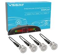VSG24 Premium Einparkhilfe hinten mit Display zum nachrüsten am Auto, PDC Parksensoren hinten mit Stecksystem für einfachste Montage - 4 Rückfahrwarner Sensoren Parkhilfe Nachrüstsatz Silber