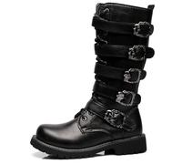 DJFOG Herren-Punk-Rock-Motorradstiefel, Retro-Metallschnalle, mittelhohe Stiefel, Schnürstiefel, Militärstiefel, Schnürung, weiches Kunstleder, Starke Außensohle,Schwarz,38 EU
