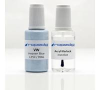 dropedo Lackstift Set passend für VW 9966 Heaven Blue 20ml + Klarlack 20ml | auch LP5X, Wasserbasislack wie vom Lackierer, nach Original-Farbcode gemischt, Pinsel im Deckel, für Steinschlag und Kratzer