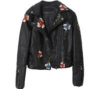 EFLAL Lederjacke mit Blumendruck, Stickerei, weiches Kunstleder, Mantel, Umlegekragen, Pu, Moto, Biker, Schwarz, Punk-Oberbekleidung
