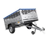 Pkw Planen Anhänger GARDEN TRAILER 201 KIPP mit Laubgitteraufsatz, Stützrad, blauer Flachplane und Planenträger