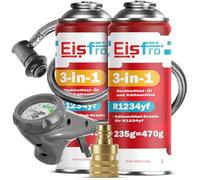 Eisfro - 3in1 R1234yf Klimaanlage Nachfüllen - 2 x 235 g mit Füllschlauch und YF Adapter - Auto Klimaanlage - Auto Klimaanlage Nachfüllen - 3in1 R1234yf Gas - Gas Kartusche - ECO