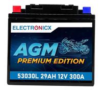ELECTRONICX AGM-Motorradbatterie 53030L 12V 29Ah 300A/EN - Vorgeladen, Wartungsfrei, Auslaufsicher - Hohe Startkraft, Lange Lebensdauer - Pluspol links
