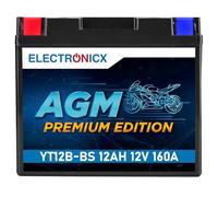 Electronicx AGM Premium YT12B-BS 12V 12Ah - Wartungsfreie, versiegelte Motorradbatterie mit 160A CCA. Leistungsstark, auslaufsicher, vibrationsfest und langlebig - ideal für Motorrad, Roller und Quad.