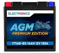 Electronicx AGM Premium YT14B-BS - 12V 14Ah 180A Hochleistungs-Motorradbatterie - wartungsfrei und versiegelt, auslaufsicher, vibrationsfest und langlebig - Ideal für Roller, Quad, ATV und Motorrad