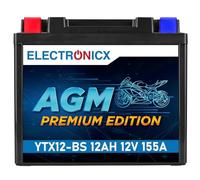 Electronicx AGM Premium YTX12-BS - 12V 12Ah 155A CCA Hochleistungs-Motorradbatterie, wartungsfrei und versiegelt, auslaufsicher, vibrationsfest und langlebig - Ideal für Roller, Quad, ATV und Motorrad