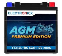 Electronicx AGM Premium YTX14L-BS - 12V 14Ah 200A Hochleistungs-Motorradbatterie - VRLA-Technologie - wartungsfrei, auslaufsicher, vibrationsfest und langlebig - für Roller, Quad, ATV und Motorrad