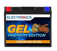 Electronicx, GEL, Motorradbatterie YT12B-BS 12V 12Ah 160A wartungsfrei, auslaufsicher, rüttelfest- Starterbatterie für Motorrad, Moped, Roller, Quad, Jetski, ATV- kompakt -Plus rechts.