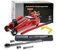 ENVA Hydraulischer Wagenheber 2t Rangierwagenheber Hubhöhe 135-340mm & Drehmomentschlüssel ½ Zoll Antrieb Vierkant inkl. 110mm Verlängerung & Stecknüsse 17mm + 19mm